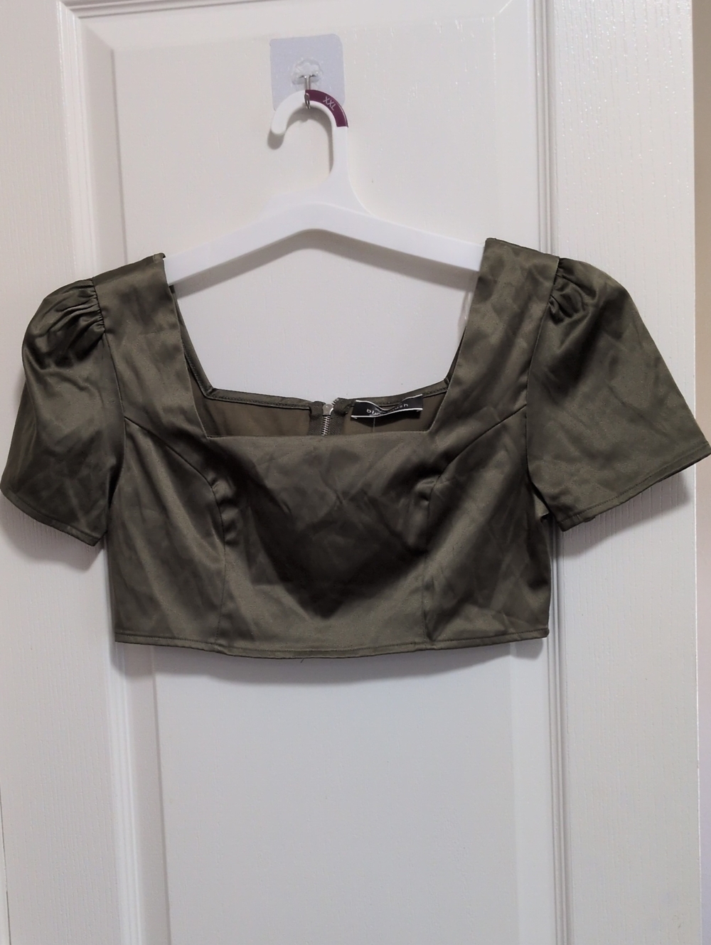 Army Green Satin Like Crop Top With Zipper Back